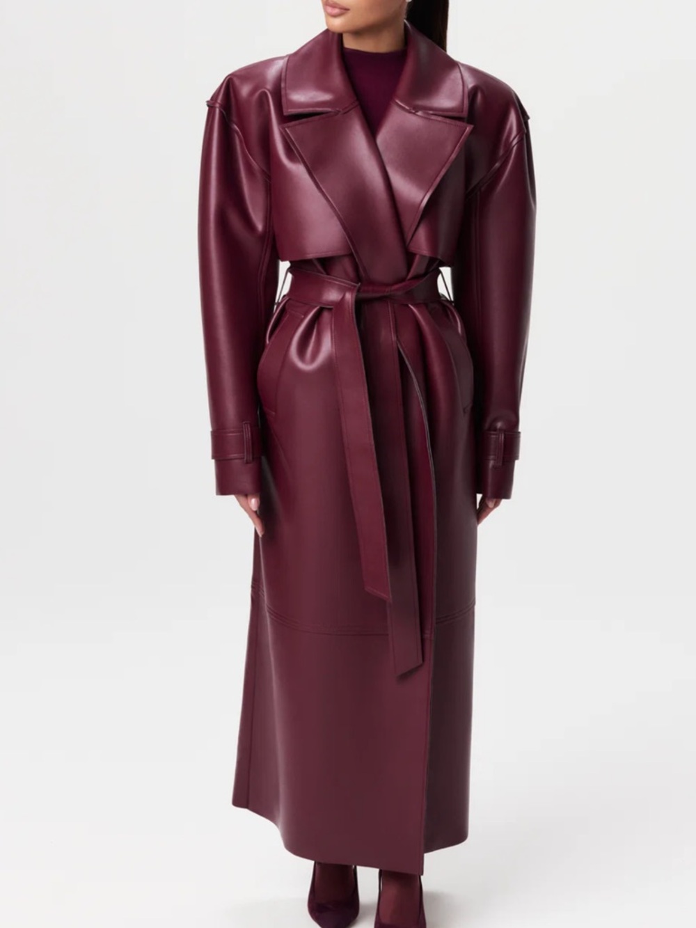 naked wardrobe Burgundy Long Vegan Leather Belted Trench Coat
